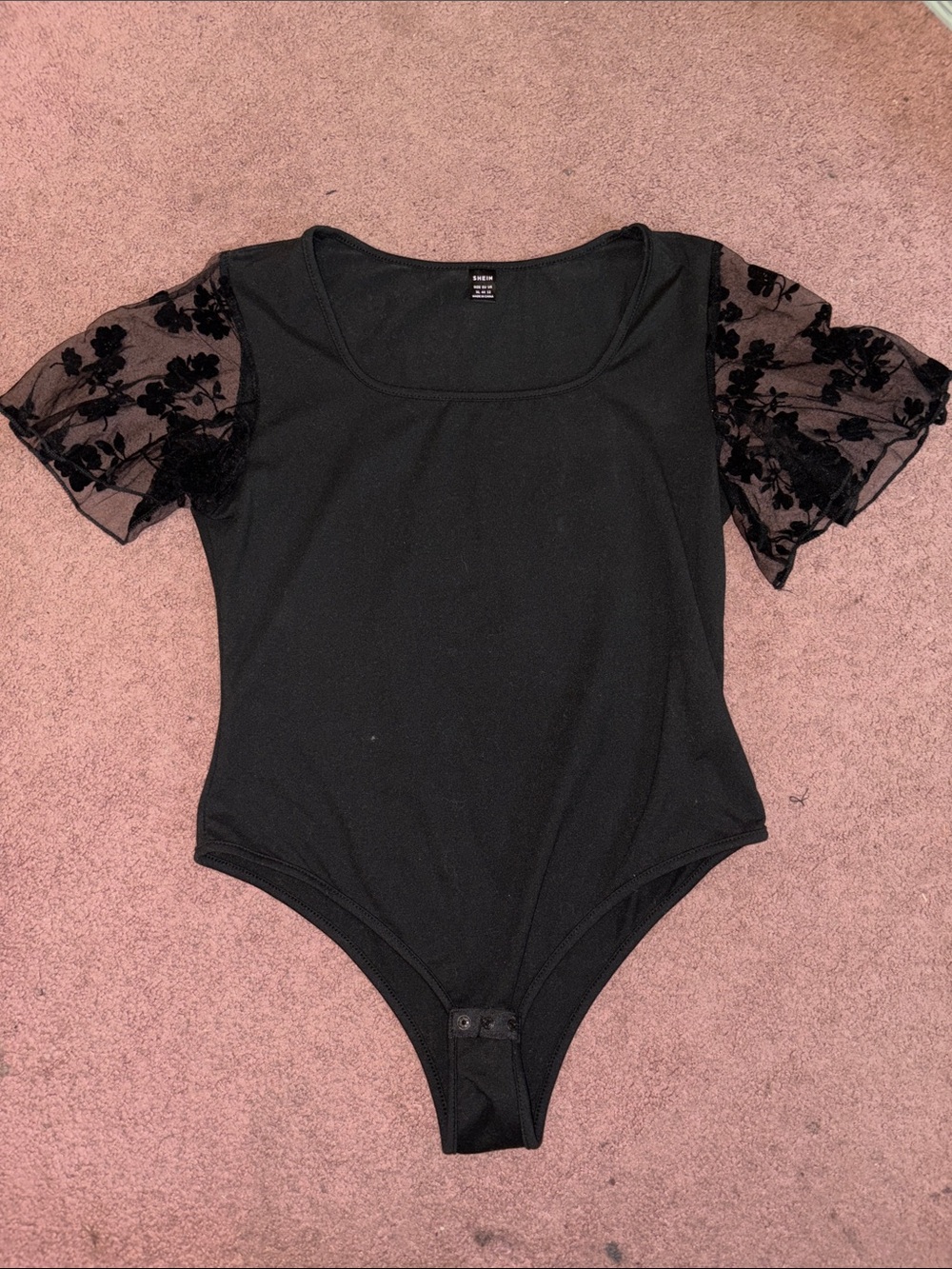 SHEIN Black Floral Mesh Sleeve Bodysuit